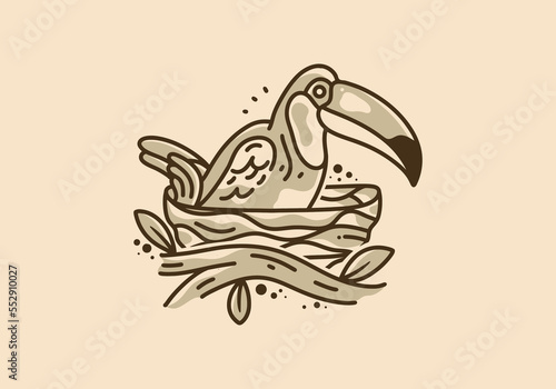 Vintage art illustration of a toucan in the nest