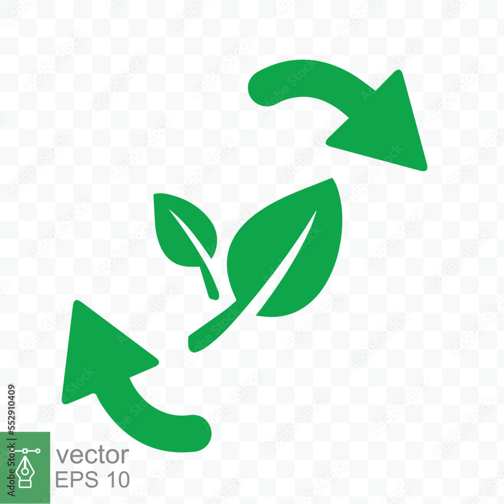 Obraz premium Recycle icon. Green leaf circle logo, biodegradable recyclable plastic free package symbol, eco friendly product template. Vector illustration isolated on transparent background. EPS 10.