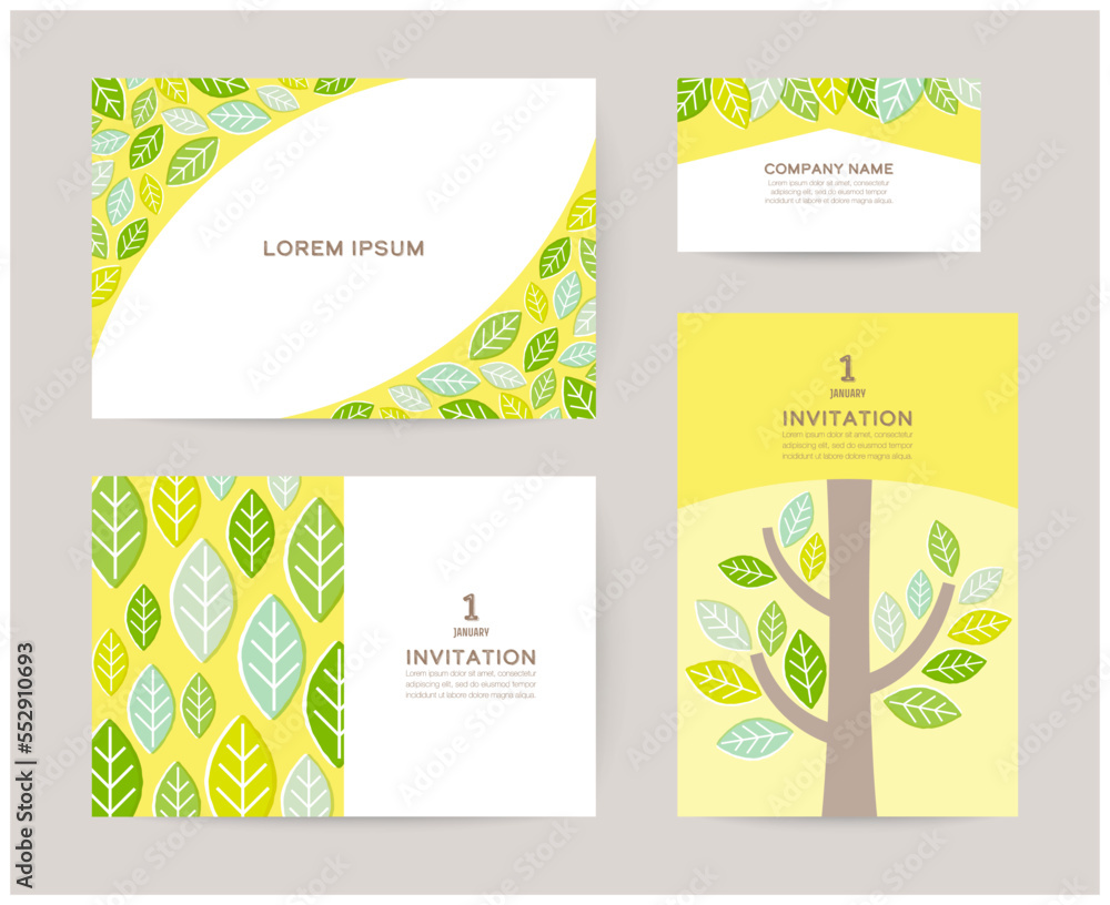 card template set with leaves illustration, for greeting card, eco banners