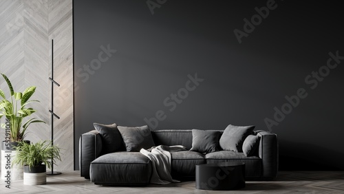 Living room in gray and black colors. Blank empty dark room interior. Design in minimalist style. Graphite modern sofa and herringbone beige accent. 3d render