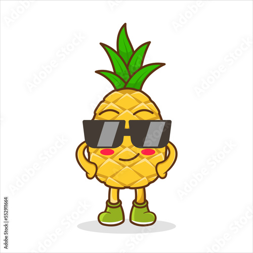 Cute Pineapple Wearing Glasses Cartoon Vector Icon Illustration. Summer Fruit Icon Concept Isolated