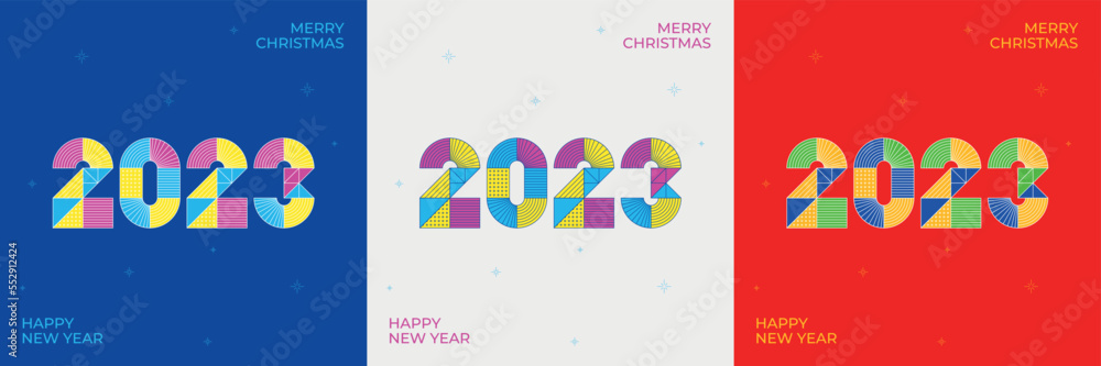 Geometric shapes creative concept of 2023 Happy New Year posters set. Design templates with typography logo for celebration and season decoration. Minimalistic trendy backgrounds for branding, banner