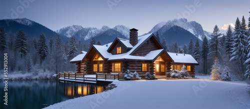 fictional house. winter log house in the mountains