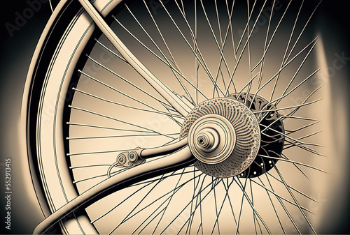 antique bicycle's rear wheel at a steep angle. Generative AI