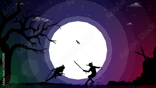 samurai anime wallpaper. samurai battle background with anime style. samurai fight at night. swordsman duel. two swordsmen fighting. duel.