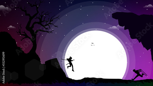 samurai anime wallpaper. samurai battle background with anime style. samurai fight at night. duel. swordsman duel. two swordsmen fighting. 