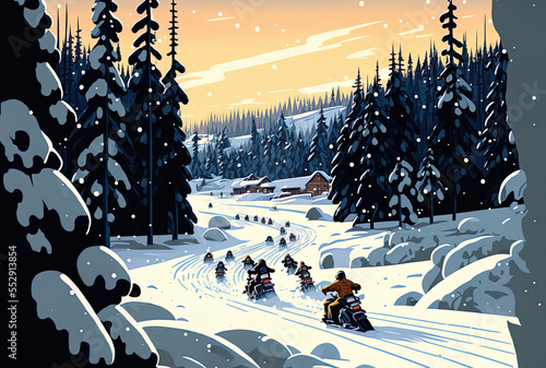 A snowy day in the northern part of Sweden with riders on snowmobiles in the distance. Generative AI