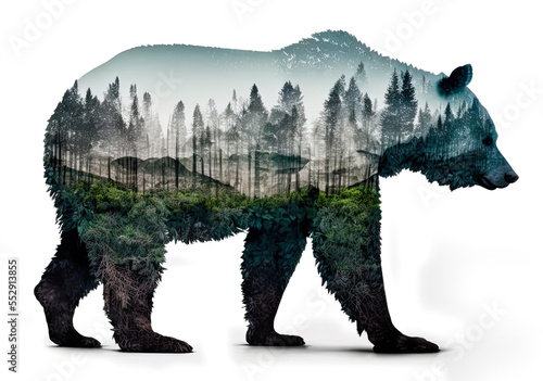 A grizzly bear and the Pacific Northwest, double exposure style photography. Generative AI photo