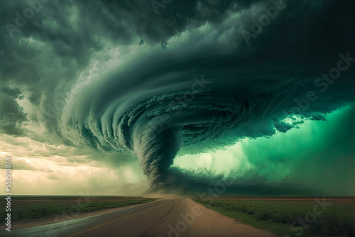 Fototapeta A large tornado, green sky. Generative AI