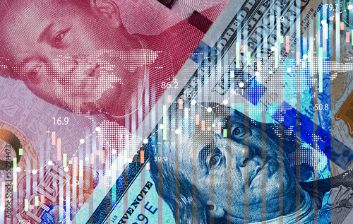 Photography USD dollar and China yuan banknote with analysis graph for economic crisis due to China and United States of America trade tariff war concept