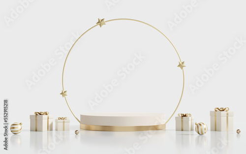 3D rendering white and gold product display stand, golden ring of stars with white gift boxes and gold ribbon on white background. Luxury white Christmas or winter sale presentation podium.