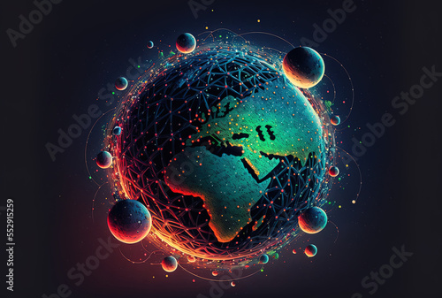 Abstract world with interconnected dots representing a wireless worldwide commercial network in space. Generative AI