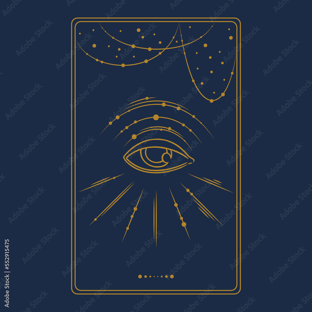 Tarot aesthetic golden card with the third eye. Engraved tarot design