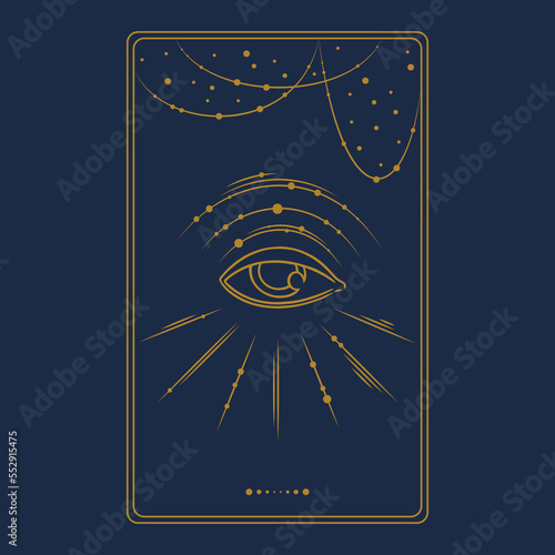 Tarot aesthetic golden card with the third eye. Engraved tarot design for divination card covers. Vector illustration isolated in blue background
