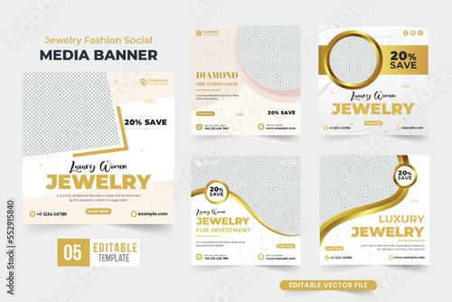 Luxury jewelry business advertisement template set with abstract shapes. Ornament sale social media post collection for digital marketing. Special jewelry promotional poster bundle with golden color.