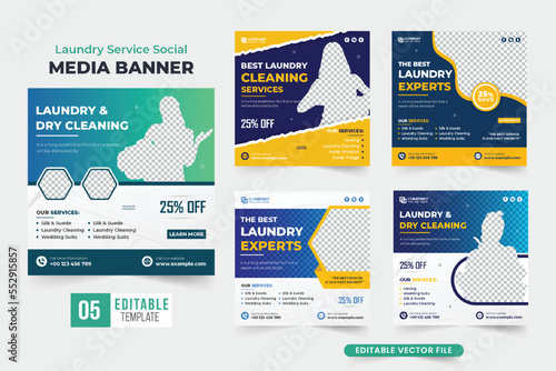 Laundry service social media post collection with dark and yellow colors. Laundry and dry cleaning service template bundle for marketing. Cloth washing promotional web banner set vector.