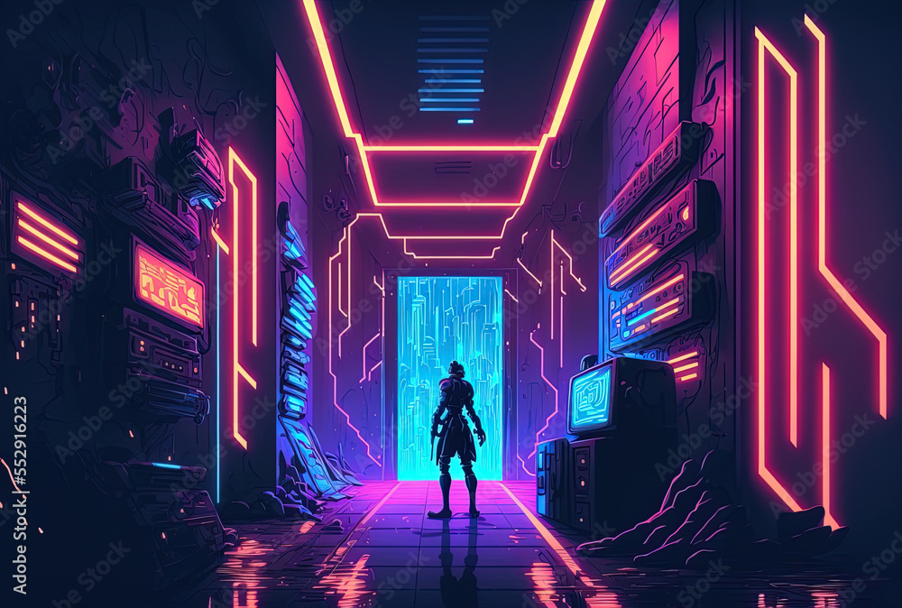 Illustration of a gaming background neon glow light of the sci fi metaverse in a cyberpunk style. Generative AI