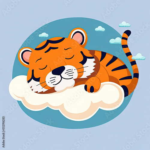 Cute Tiger Sleep on a Cloud. KAWAII Stylish Comic Stamp. Flat Minimalist Design Art. For UI, WEB, Novel, Game, AD, Poster