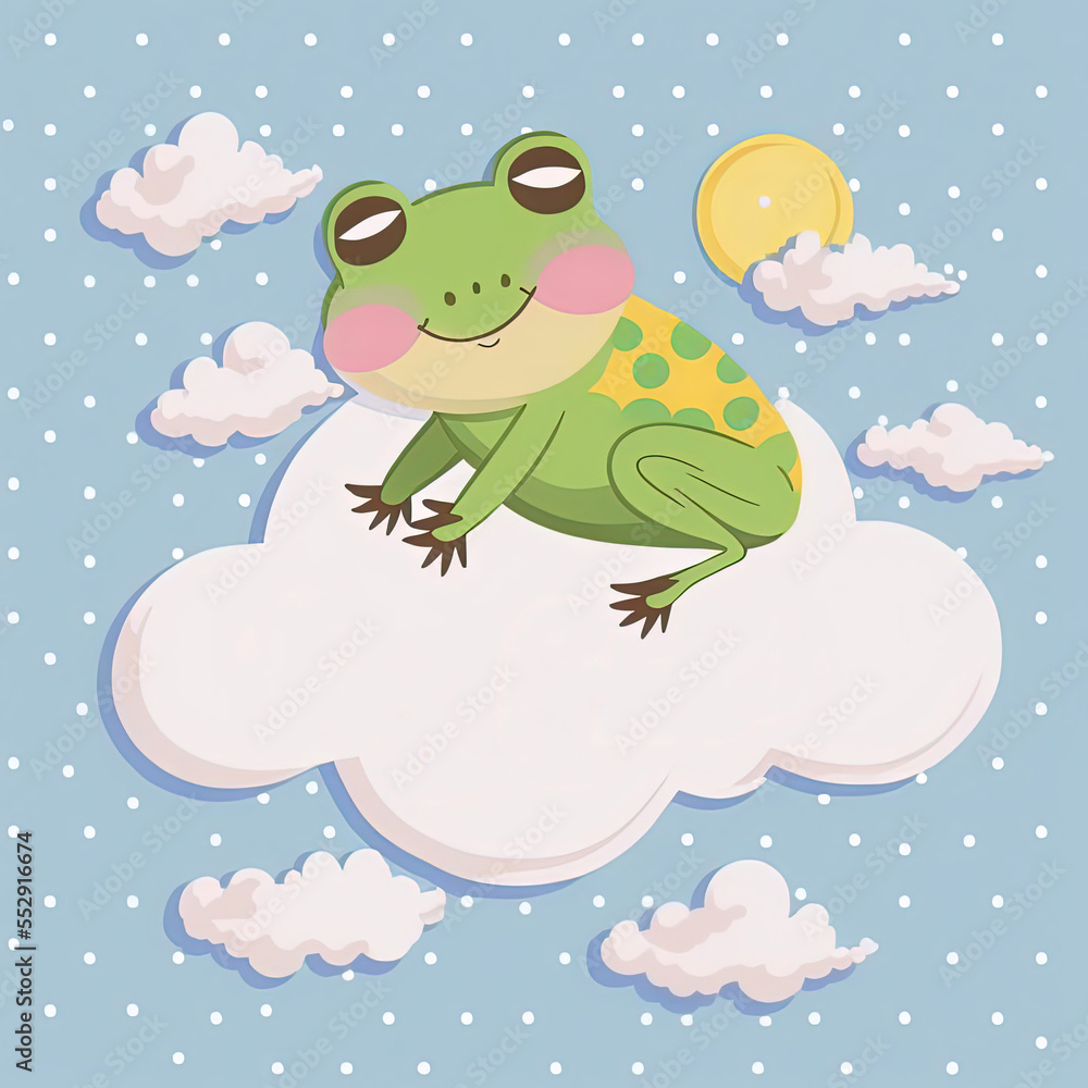 Obraz premium Cute Frog Sleep on a Cloud. KAWAII Stylish Comic Stamp. Flat Minimalist Design Art. For UI, WEB, Novel, Game, AD, Poster