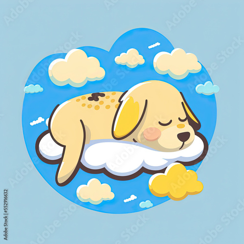 Cute Dog Sleep on a Cloud. KAWAII Stylish Comic Stamp. Flat Minimalist Design Art. For UI, WEB, Novel, Game, AD, Poster