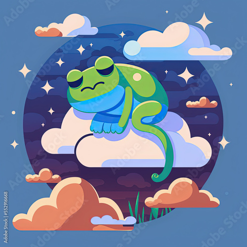 Cute Frog Sleep on a Cloud. KAWAII Stylish Comic Stamp. Flat Minimalist Design Art. For UI, WEB, Novel, Game, AD, Poster