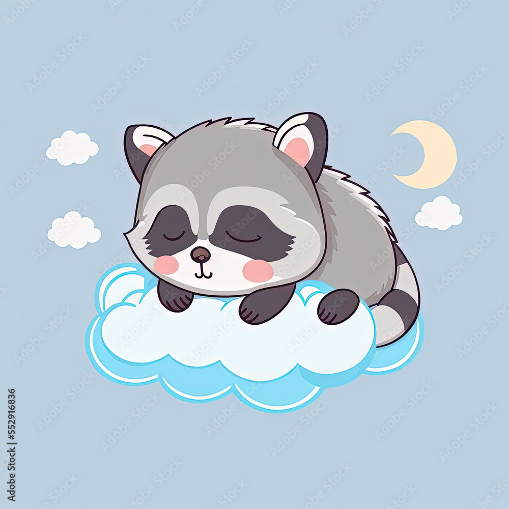 Fototapeta premium Cute Raccoon Sleep on a Cloud. KAWAII Stylish Comic Stamp. Flat Minimalist Design Art. For UI, WEB, Novel, Game, AD, Poster
