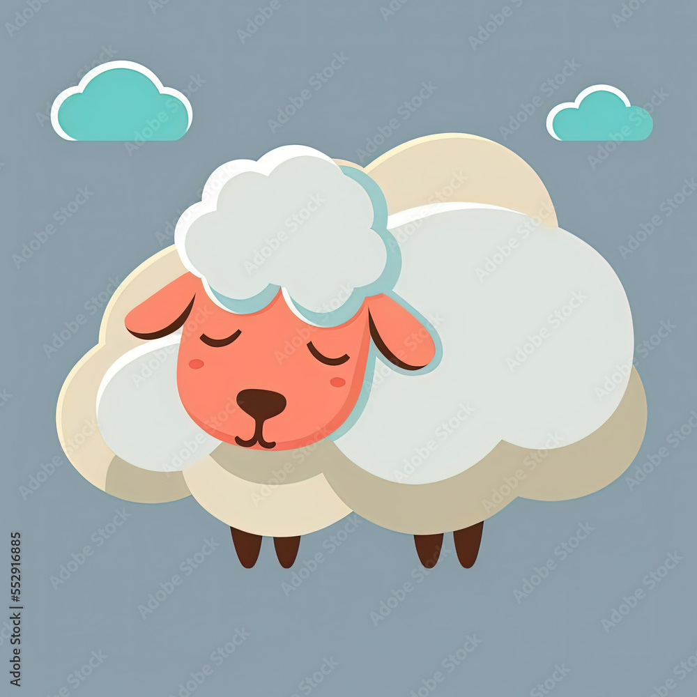Obraz premium Cute Lamb Sheep Sleep on a Cloud. KAWAII Stylish Comic Stamp. Flat Minimalist Design Art. For UI, WEB, Novel, Game, AD, Poster