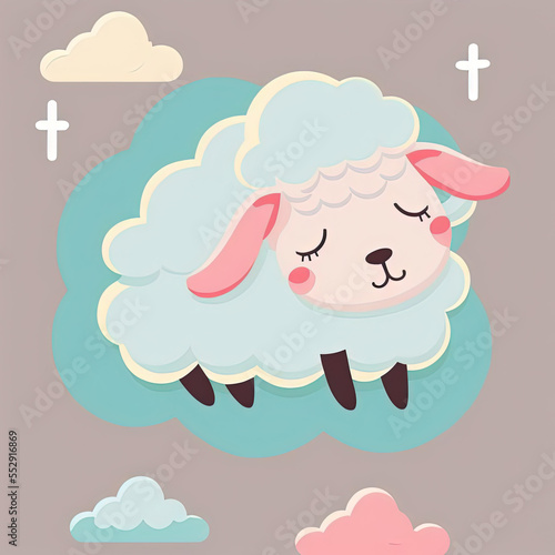 Wallpaper Mural Cute Lamb Sheep Sleep on a Cloud. KAWAII Stylish Comic Stamp. Flat Minimalist Design Art. For UI, WEB, Novel, Game, AD, Poster Torontodigital.ca