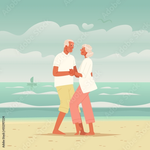 Happy elderly couple dancing on the beach. Seniors on vacation at sea. Mature man and woman are actively spending time