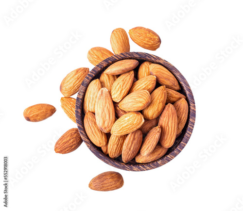 Almond Nuts in wood bowl isolated on transparent png