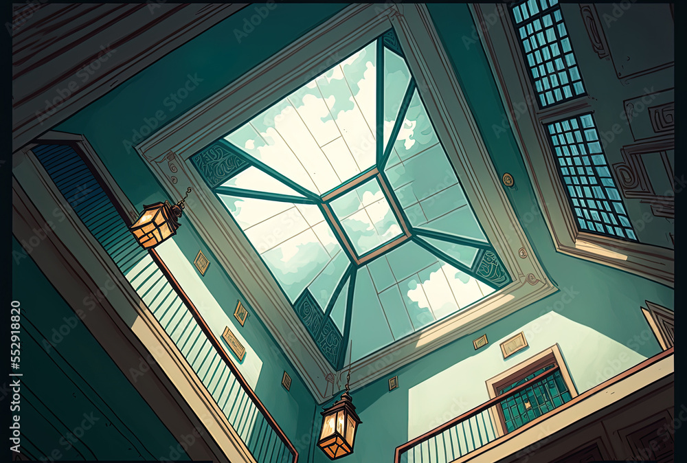 Obraz premium view from a low angle of a skylight in Hong Kong's historic homes. Generative AI