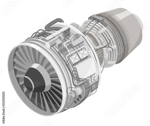 Aircraft jet engine simple airplane turbine gas technology engineering diagram inside equipment for maintenance isometric isolated on white