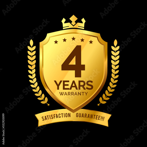 label 4 years warranty protective icon badge . design the shape of a golden shield with a king's crown. vector illustration eps 10
