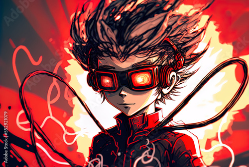 Blur image of a young boy wearing cyberpunk style VR glasses with cables on a red background. Generative AI