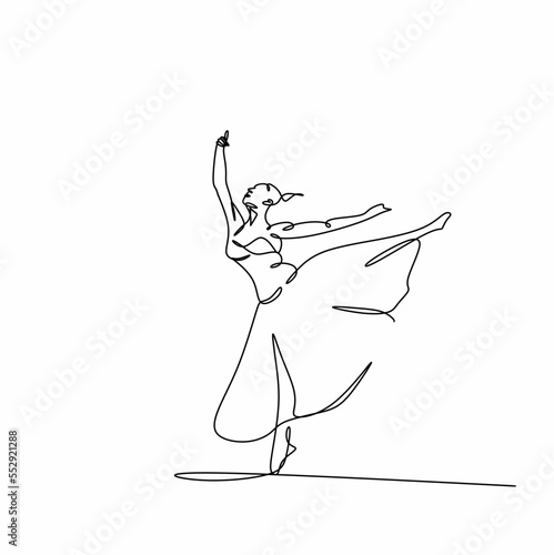 Continuous silhouette drawing of a female ballerina. A vector illustration of a ballet demonstrates a minimalistic dance movement isolated on a white background.