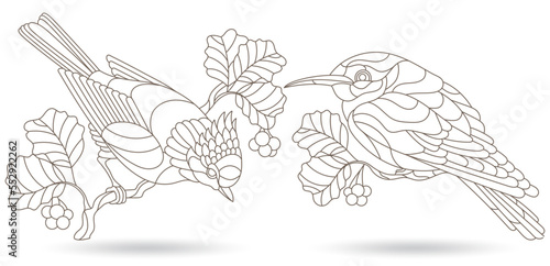 Set of contour illustrations in stained glass style with birds, animals on branches isolated on a white background