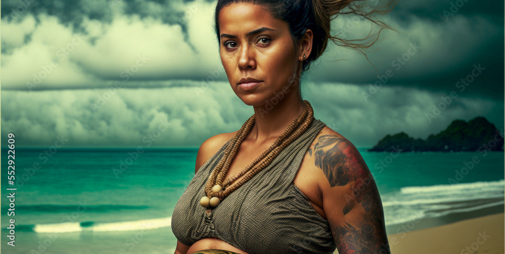 Beautiful woman on a French Polynesia island in Tahiti. She has tribal tattoos and is standing on a tropical beach with turquoise water in the background. Paradise created with generative AI  - obrazy, fototapety, plakaty 