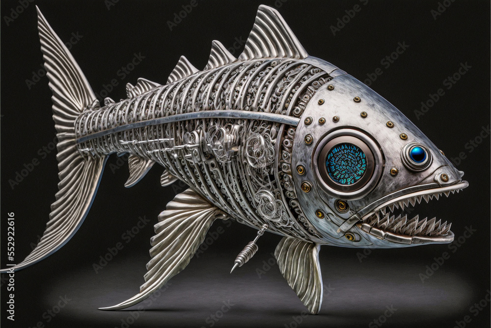 Metal fish toy with many mechanical gears and devices. Desktop sized toy prototype with intricate details. Created with generative AI software Metal fish toy with many mechanical gears and devices. Desktop sized toy prototype with intricate details. Created with generative AI software