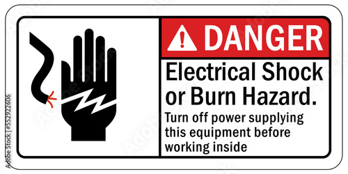 Electrical equipment warning sign and label electrical shock or burn hazard