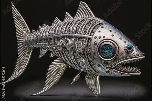 Metal fish toy with many mechanical gears and devices. Desktop sized toy prototype with intricate details. Created with generative AI software