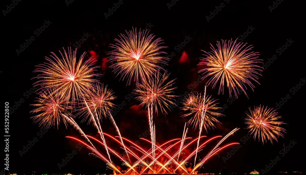 Firework display on isolated black background at Pattaya City. 