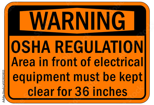 Electrical equipment warning sign and label area in front of electrical equipment must be kept clear