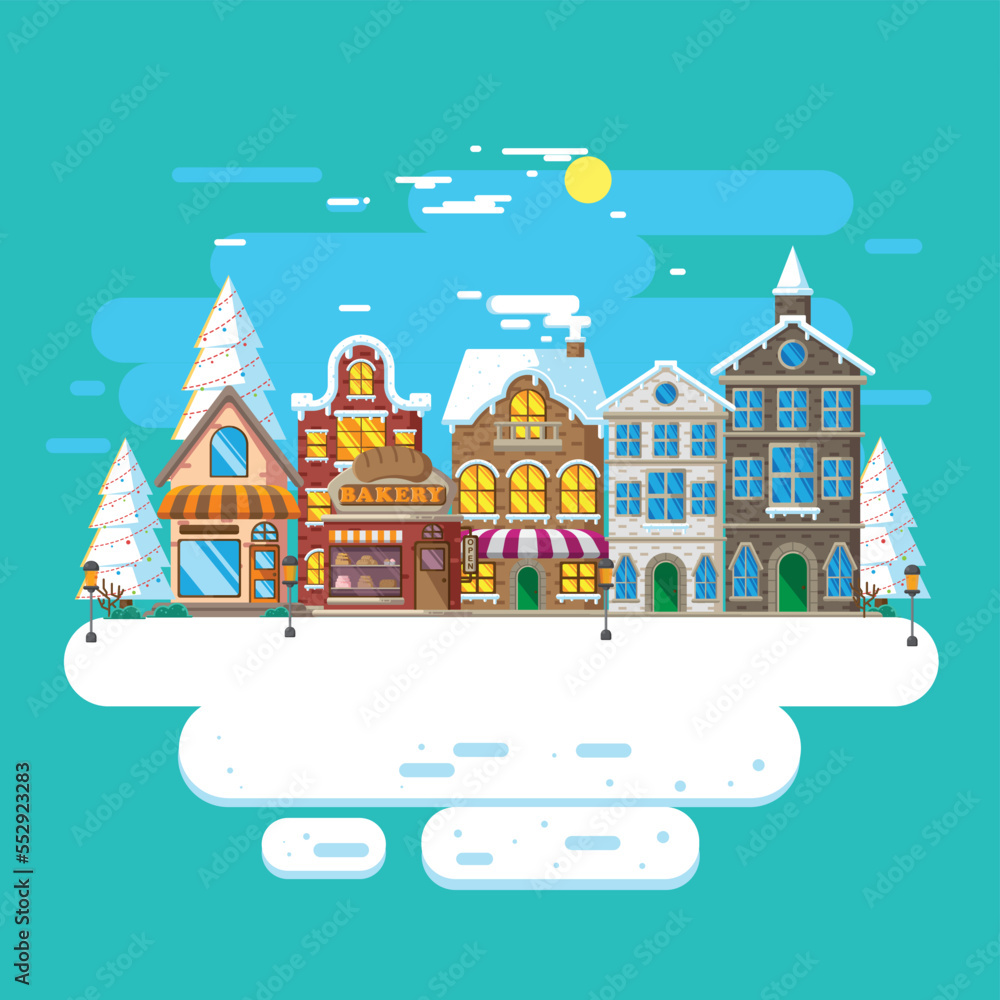 Vector illustration of city ​​landscape in winter with flat design