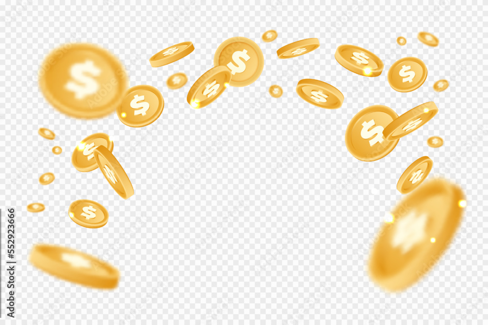 3d gold money, fall coins. Cash rain, casino jackpot, economy or win, treasure and golden currency. Realistic elements with dollar sign. Vector financial illustration on transparent background