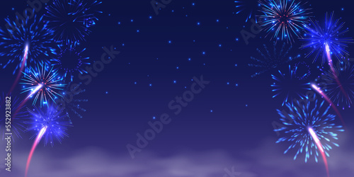 Night sky banner. Celebrate fireworks. New Year carnival lights. Festive pyrotechnic explosions with sparks and flares. Party blank frame. Christmas holiday. Vector display background