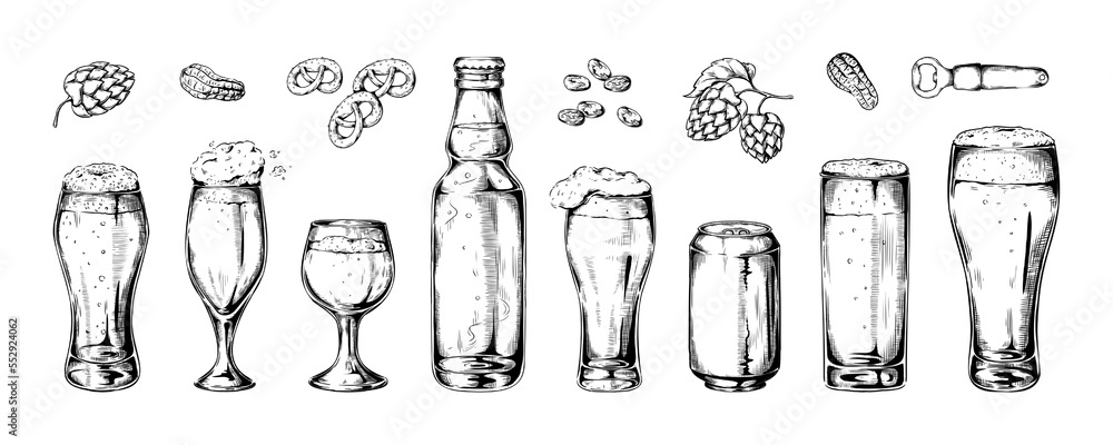 Beer bottle. Aluminum can. Pint glass. Engraved sketch for craft menu. Doodle alcohol. Full mugs set. Opener and snacks. Foam beverage. Oktoberfest drawing. Vector graphic illustration Beer bottle. Aluminum can. Pint glass. Engraved sketch for craft menu. Doodle alcohol. Full mugs set. Opener and snacks. Foam beverage. Oktoberfest drawing. Vector graphic illustration