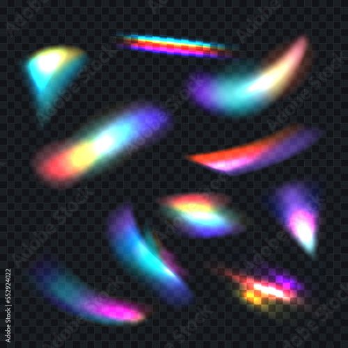 Diamond light reflection. Crystal rainbow. Sparkle glass effect. Magic jewellery refraction. Lighting spectrum. Iridescent or gradient glare. Bright flares set. Vector overlay background