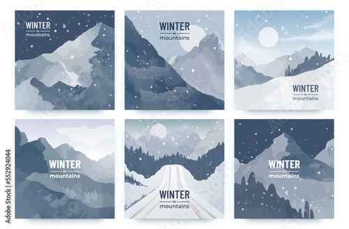 Winter in mountains. Snowy landscape. Night and day panorama scene. Cold weather and falling snow. Graphic posters set. Sky and rock slope scenery. Nature art. Vector flat illustrations