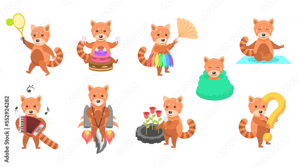 Fototapeta premium Big Set Abstract Collection Flat Cartoon Different Animal Red Pandas Vector Design Style Elements Fauna Wild