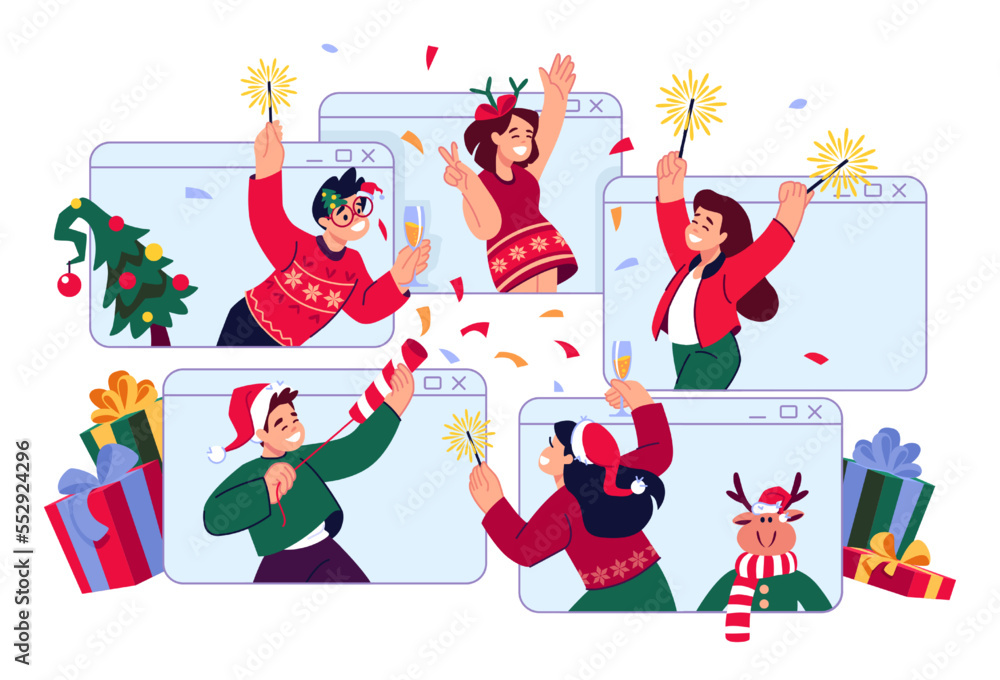 Virtual Christmas party. Friends celebrate holiday. Online call. Group video conference. Digital New Year celebration. Confetti cracker and Bengal lights. Vector illustration concept Virtual Christmas party. Friends celebrate holiday. Online call. Group video conference. Digital New Year celebration. Confetti cracker and Bengal lights. Vector illustration concept